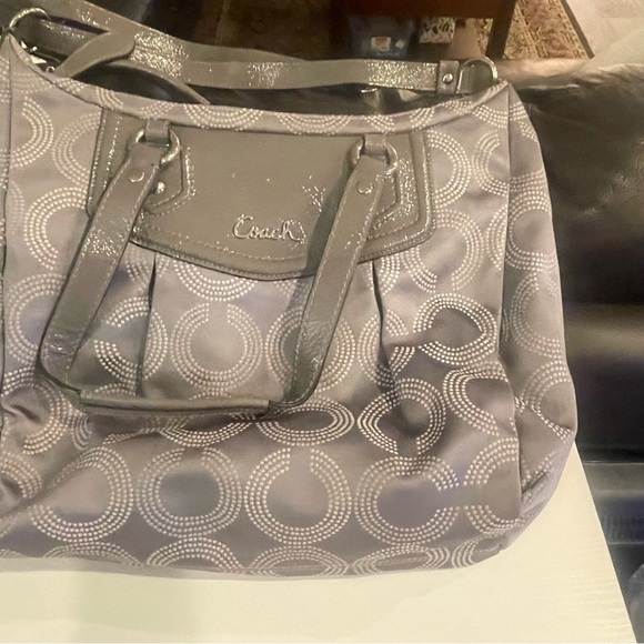 Grey and light grey leather and fabric coach bag - Picture 3 of 6